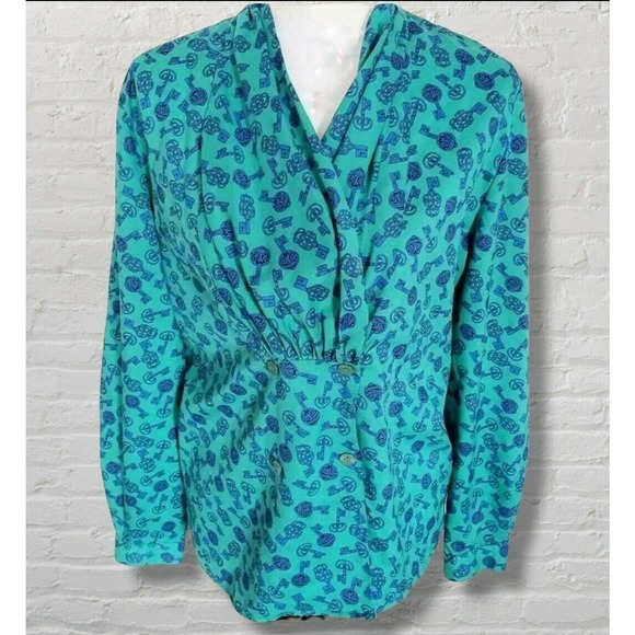Vintage America Tops - Vintage teal Puff Sleeve popover wrap blouse key Chain Western Equestrian M L